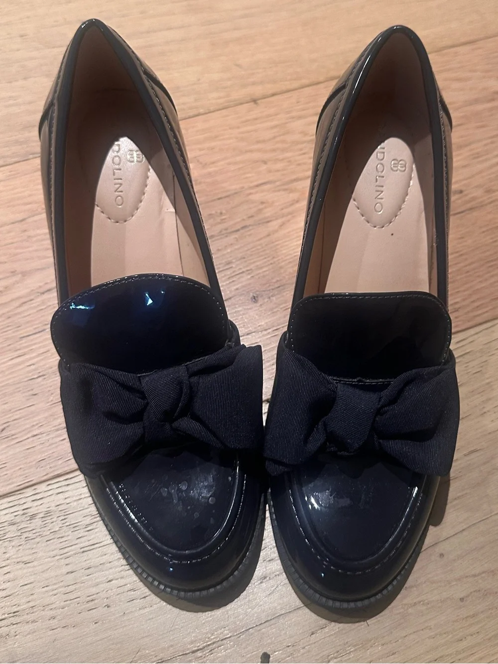 Navy Patent Loafer Heels with Bow - Women